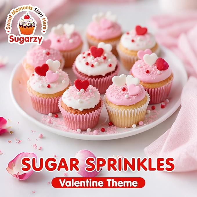 Valentine Edible Heart Sprinkles,Pink White and Red Mix Sugar Pearl Decorations,Assorted Styles Heart Sprinkles 4 Pack,Sweetheart Sprinkle Perfect for Cake Decorations,Baking,Ice Cream,Cookies,Cupcake Topper,Birthday Wedding Valentines Christmas Supplies
