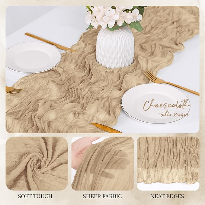 12 Pack Beige Cheesecloth Table Runner 17x108 Inch Semi Sheer Boho Gauze Cheese Cloth Fabric Table Runners, for Wedding Party Baby Shower Birthday Home Decor Garden Farmhouse