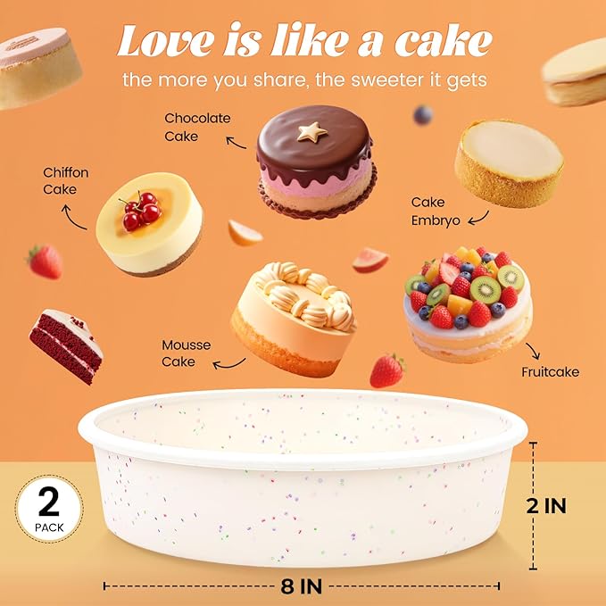 SJ 8 Inch Silicone Round Cake Pan with Metal Reinforced Frame Set of 2, Nonstick Silicone Cake Mold for Baking Suitable for Making Layers, Cheese & Chocolate Cakes