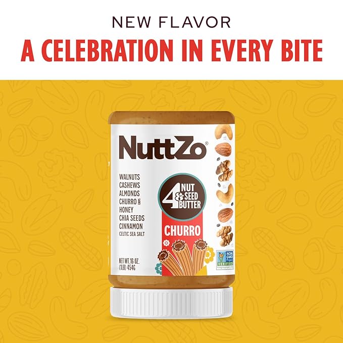 NuttZo Churro Nut & Seed Butter – 16oz | Cashew Butter Blend with Walnuts, Almonds, Chia Seeds, Cinnamon, Honey & Churro Chips | Gluten-Free, Non-GMO