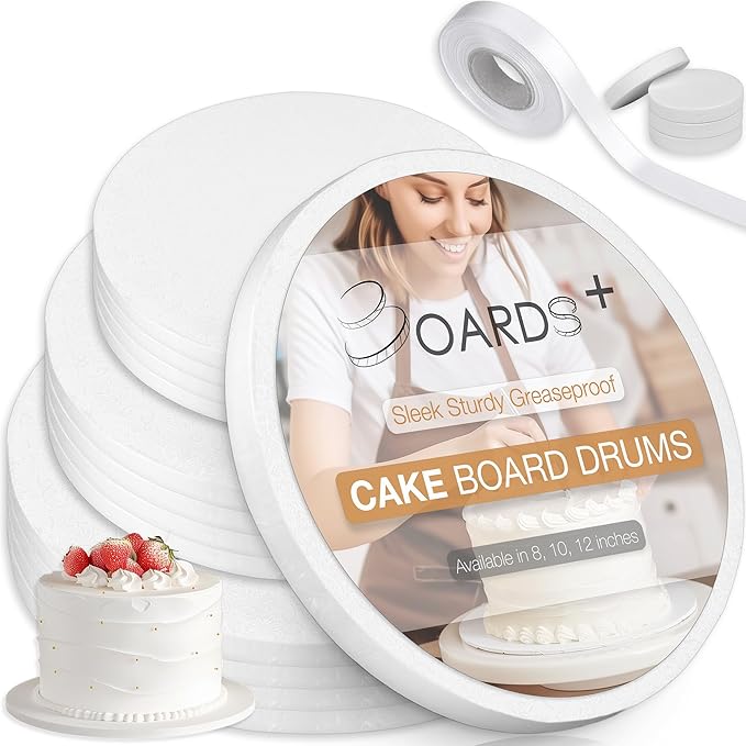 BOARDS+ Cake Drums 8, 10 & 12 Inch (3 Sizes, 12 Pack Total) | 1/2" Thick Cake Rounds + Prop Up Tool Included | 0.5" Sturdy Circles, Seamless & Greaseproof For Presenting Heavy/ Tiered Cakes