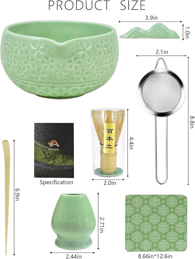 Artcome Matcha Tea Set – Green Sakura Embossed Ceramic Bowl 17oz with Bamboo Whisk, Whisk Holder, Strainer, Scoop, Tea Spoon, Cloth – Traditional Japanese Matcha Kit for Daily Use & Gift Giving
