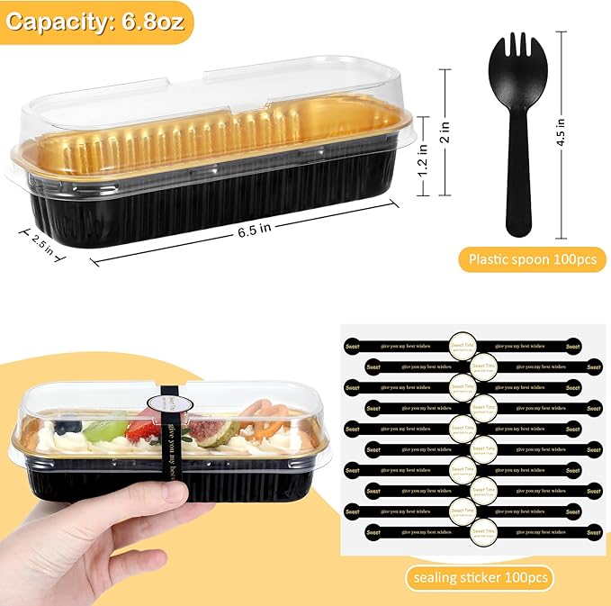 Mini Loaf Pans with Lids and Spoons (100 Pack, Black-gold, 6.8oz) Rectangular Aluminum Foil Baking Pans