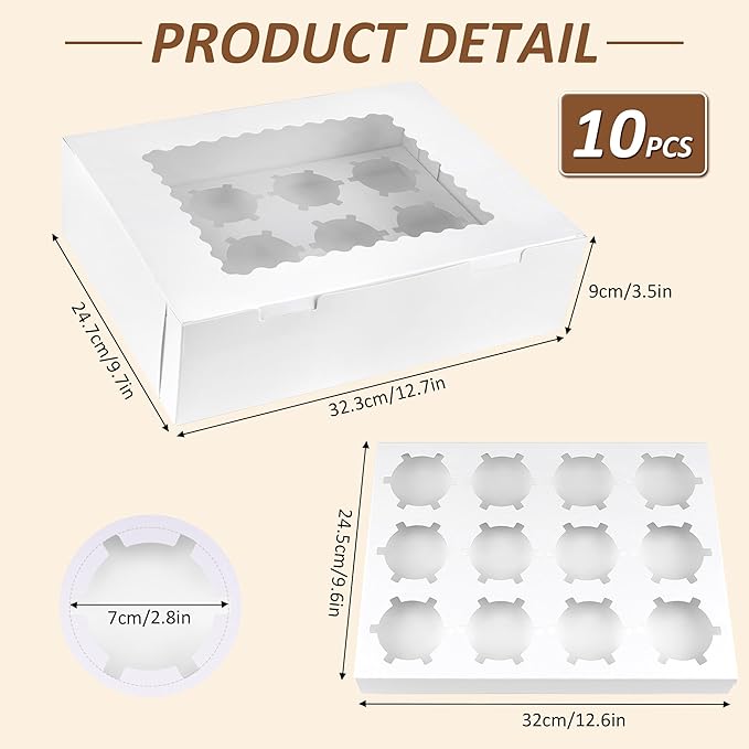 10 Set Cupcake Boxes Cardboard Cupcake with Pvc Window Picnic Containers with Inserts 12 Holders Dessert Containers for Packaging Transport Storage White Bakery Boxes for Egg Tarts Cookies Pastries
