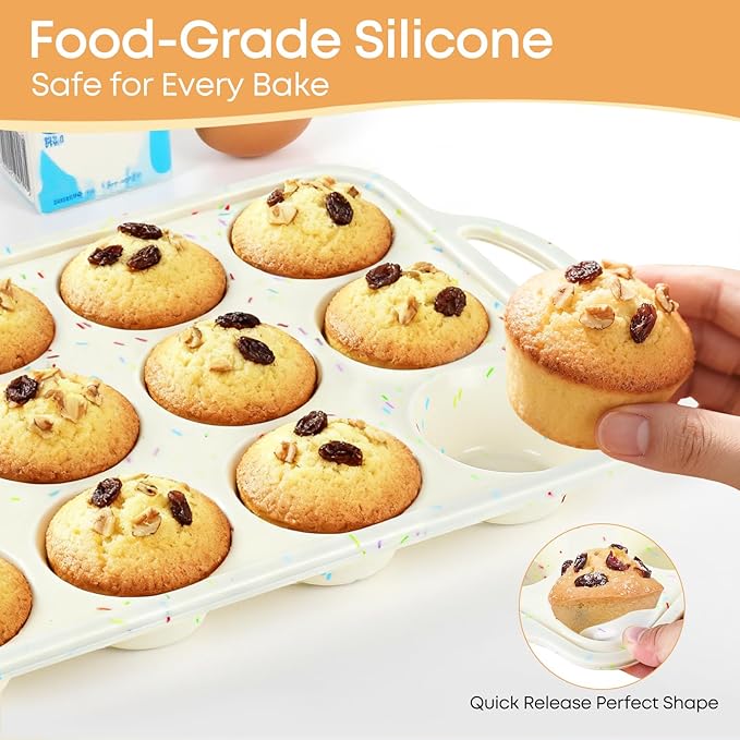 2-Pack 12-Cup Silicone Cupcake Pan, Nonstick Flexible Muffin Pan, Dishwasher Safe Muffin Tray with Handles, Seamless Silicone Muffin Tin for Baking Egg Bites & Cupcakes