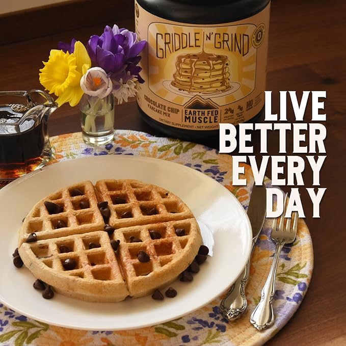 Earth Fed Muscle Griddle N' Grind Chocolate Chip Protein Pancake Mix & Waffle Mix – Protein Pancakes Gluten Free, High Protein & Fiber, Just Add Water – 2lbs, 13 Servings