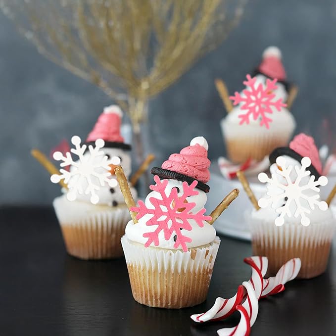 Gyufise 60Pcs Edible Snowflake Cupcake Toppers Winter Cupcake Picks Water Paper Winter Frozen Cake Decorations for Snowflake Theme Baby Shower Kids Birthday Party Supplies Pink White