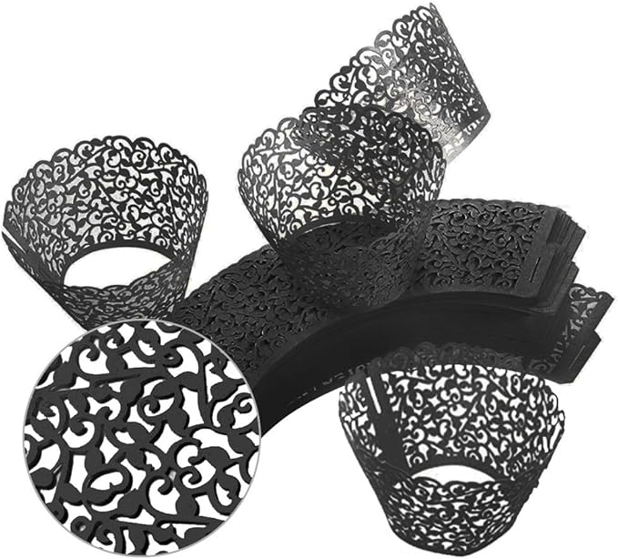 GOLF 100Pcs Cupcake Wrappers Artistic Bake Cake Paper Filigree Little Vine Lace Laser Cut Liner Baking Cup Wraps Muffin CaseTrays for Wedding Party Birthday Decoration (Black)