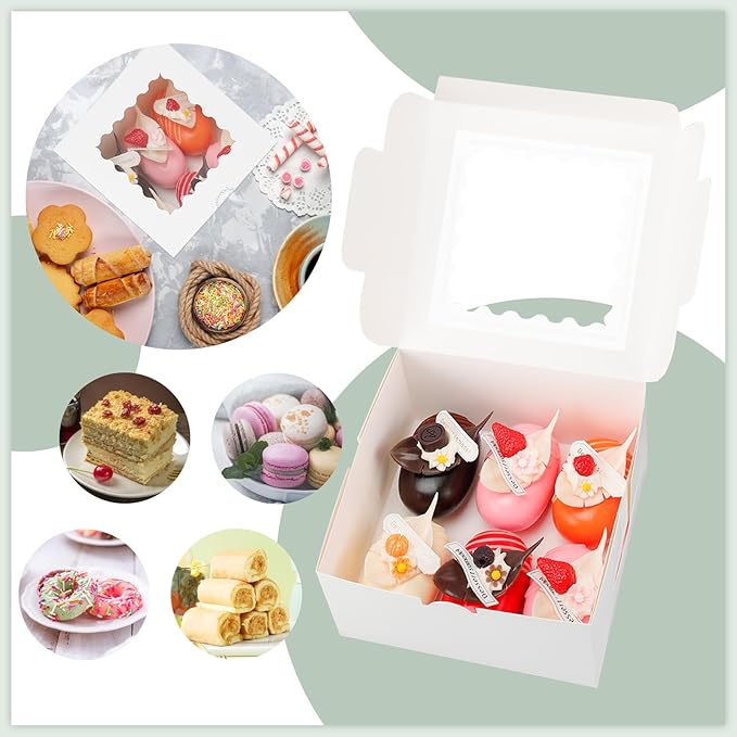 50pcs 6x6x3 Inches Bakery Boxes,White Bakery Boxes with Window for Valentines Day,Treat Boxes for Cookies Small Pie,Chocolate Covered Strawberries,Cupcake and Pastry