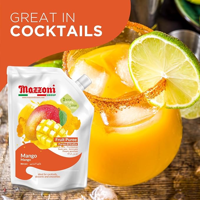 Mazzoni Mango Puree, Juice, 100% Pure Mango Lassi, Just Fruit, Nectar, No Sugar Added, 2.2 lbs (35.2 oz) Real Fruit Mixer for Cocktails, Drinks, Smoothies Convenient Pouch, Made in Italy