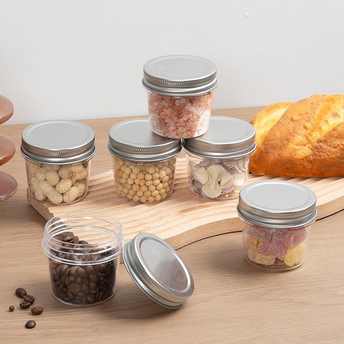 novelinks Plastic Jars With Lids 60Pcs 4oz Mason Jars Silver Plastic Jar Food Storage Small Mason Jars 4 oz for Milkshakes Juice Nuts Cupcakes Candy (Silver, 60 Pack 4 Ounce)