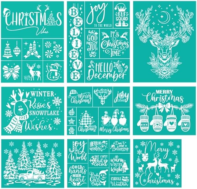JAJADO Christmas Reusable Silk Screen Stencils 9 Pcs, Winter Holiday Xmas Silk Screen Transfers Mesh Stencil Reusable Self-Adhesive Screen Printing Stencils for Wood, Fabric, Card, DIY Home Decor