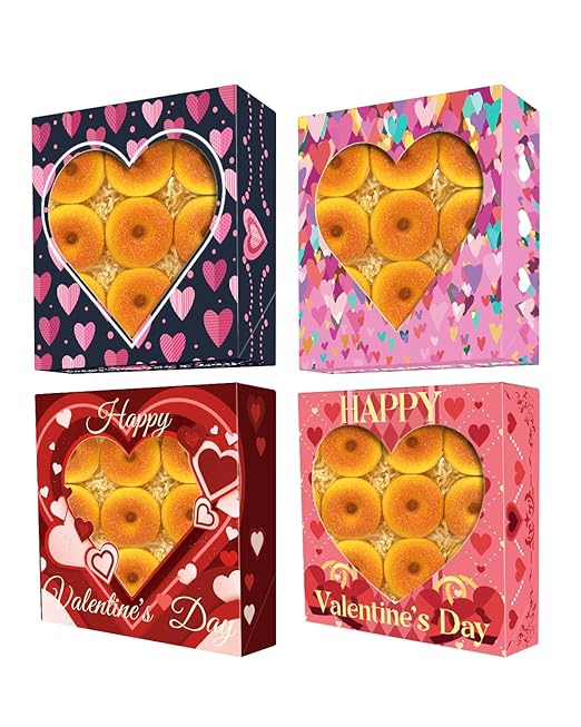 qiqee Auto-pop Up Valentine 30pcs Pie Boxes 10x10x2.5 inches Easy Assemble Macaroon Cookie Bakery Boxes with Window for Valentine's Day