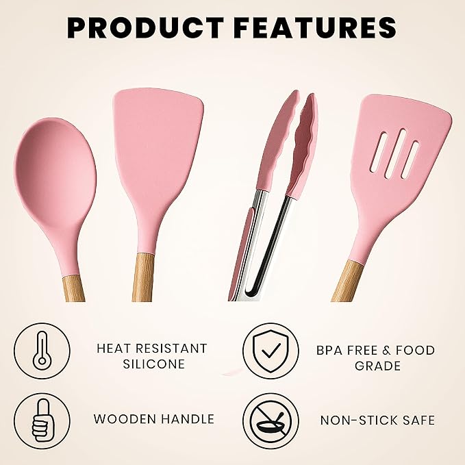 Pink Silicone Kitchen Utensil Set 12-Piece – Heat Resistant Cooking Tools with Wooden Handles, Non-Stick Spatula, Spoon, Whisk, Tongs, and Holder