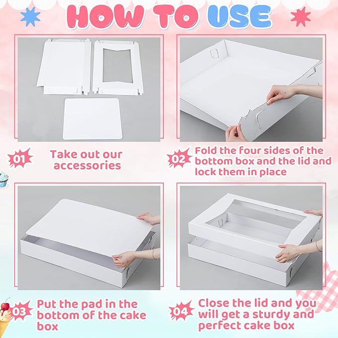 10 Sets 19 x 14 x 4 Inch Corrugated Full Sheet Cake Box with Window Include 10 Paperboard Cake Box Bottom 10 Bakery Top 10 Greaseproof Pad Tray for Dessert