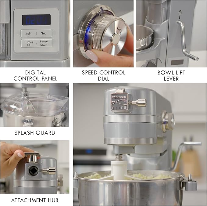 Kenmore Elite 600W Bowl Lift Stand Mixer - Digital 10 Speed Mixing, Electric, Countertop, Heavy Duty, Kitchen Appliance, 5 & 6 Qt Stainless Steel Bowls With Flat Beater, Whisk, Dough Hook Attachments