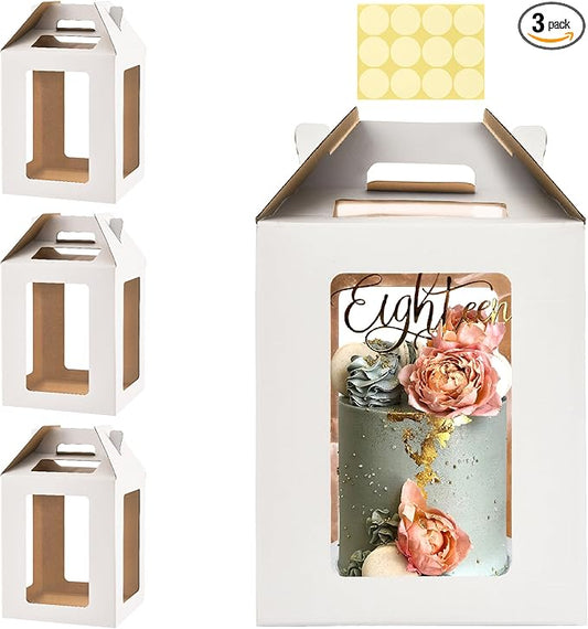 3 Pack Tall Cake Boxes for Tier Cakes,10x10x12 Inches Large Tiered Cake Carriers with Windows,8in 10in Disposable Layer Tall Baking boxes with Handle for Birthday,Wedding,Party