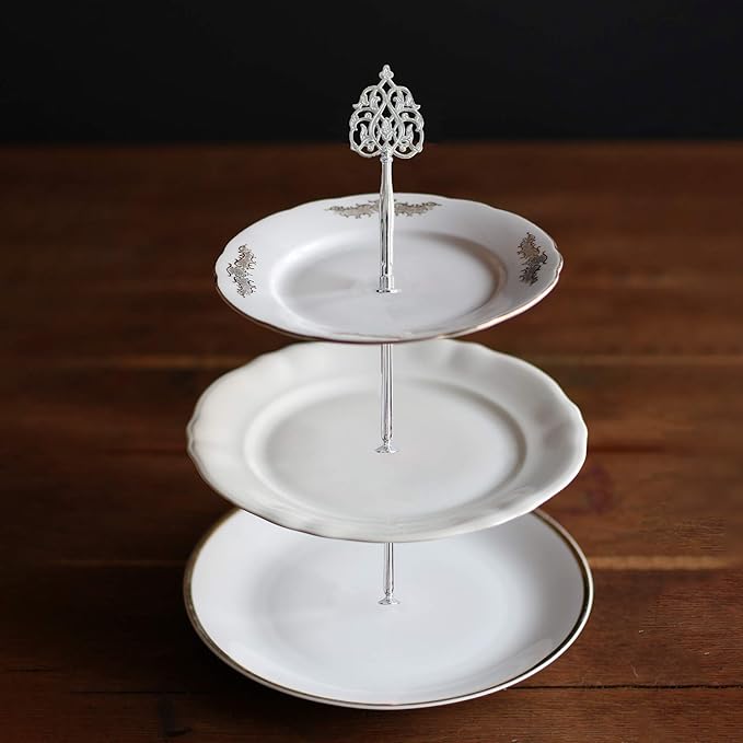3 Tier 14" Heavy Metal Cake Stand Holder Fruit Plate Stand Fitting Hardware Rod with Stylus (Silver Scepter)