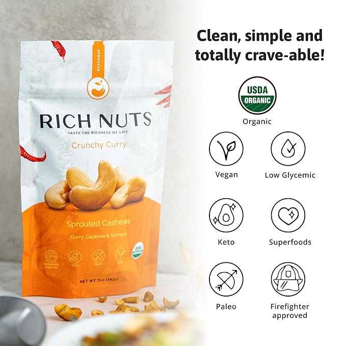 Rich Nuts Crunchy Curry Gourmet Sprouted Cashews | Vegan, Paleo, Keto | Curry Powder, Cayenne Pepper, Turmeric and Sea Salt | Non-Roasted, Dehyrdated, Germinated, Raw and Whole | 5 Oz Bag (2 Pack)