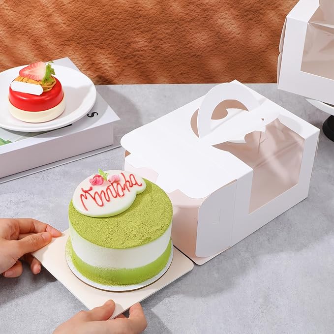 25 Pcs 5 x 5 x 4 Inch White Cake Boxes with Handle & Boards, Easy Carrying Paper Cakes Containers, Cake Holder Window Carriers for Birthday Christmas Birthday Wedding, Party, Gift