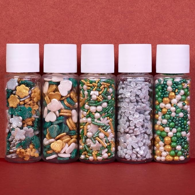 Confect Christmas Sprinkles | White, Grey, Gold & Holly Green Mix | Edible Pearl, Heart & Flower Shaped Sprinkles | Holiday Cake & Cupcake Decorations- 5 Oz