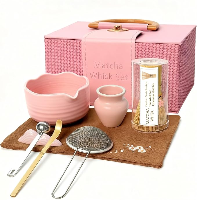 8Pcs Matcha Whisk Set, Matcha Set Includes Ceramic Matcha Bowl, Whisk and Holder, Bamboo Scoop, Scoop Rest, Sifter, Measuring Spoons and Tea Towel Tea Kit Gift Set for Women (Pink)