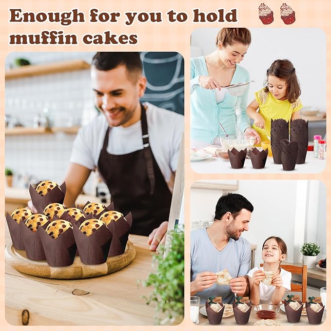 600 Pcs Tulip Cupcake Liners for Baking Muffin Liners Printed Baking Cups Holders Greaseproof Wrappers Decoration for Cupcake Bouquet Birthday Party Wedding Bride Shower (Brown)