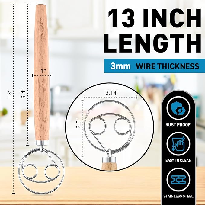 Zulay Kitchen Double-Eye 13" Danish Dough Whisk - Durable Easy Mixing Bread Whisk, Stainless Steel Sourdough Danish Hook, Sourdough For Mixing, Traditional Dutch Dough Mixer Tool - Rubberwood