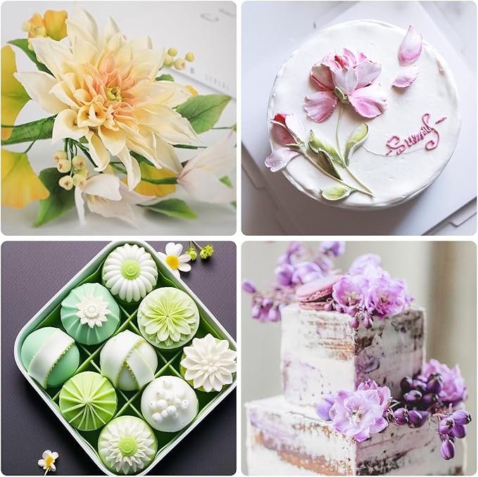 9Pcs Floral Fondant Mold Assortment, Mixed Flower Petal Veining Molds and Cutters for Sugar Craft and Candy Decoration