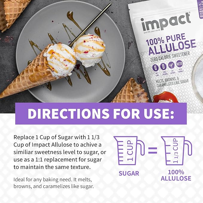 Impact - Pure Allulose Sweetener Sugar Substitute - Zero Calorie Blend, Low-Carb, For Coffee, Tea, Baking, Guilt-Free Indulgence - 1lb (Pack of 2)