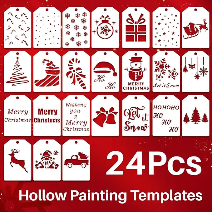 24 Pcs Small Christmas Stencils for Crafts Reusable 3x2 inch Christmas Stencils for Painting on Wood Fabric Paper Windows Cards Xmas Crafts Ornaments Wall Door Decoration (Christmas 0224)
