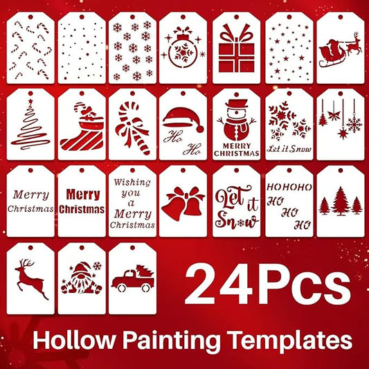 24 Pcs Small Christmas Stencils for Crafts Reusable 3x2 inch Christmas Stencils for Painting on Wood Fabric Paper Windows Cards Xmas Crafts Ornaments Wall Door Decoration (Christmas 0224)