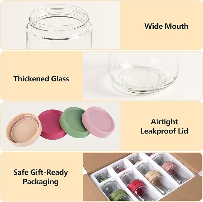 12 Pack Sealed Glass Jars with Lids 4oz 10oz 16oz, Overnight Oats Storage Containers, Salad, Yogurt, Snacks, Spices, Meal Prep Mason Jars - Reusable & Airtight