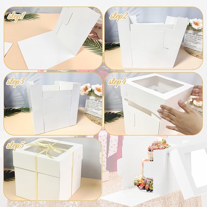 12 Sets 10 Inch Cake Box with Boards 10x10x10 Tall Bakery Boxes with Window Disposable Tier Cakes Containers White Bakery Take Out Carrier for Wedding, Birthday, Party, Christmas