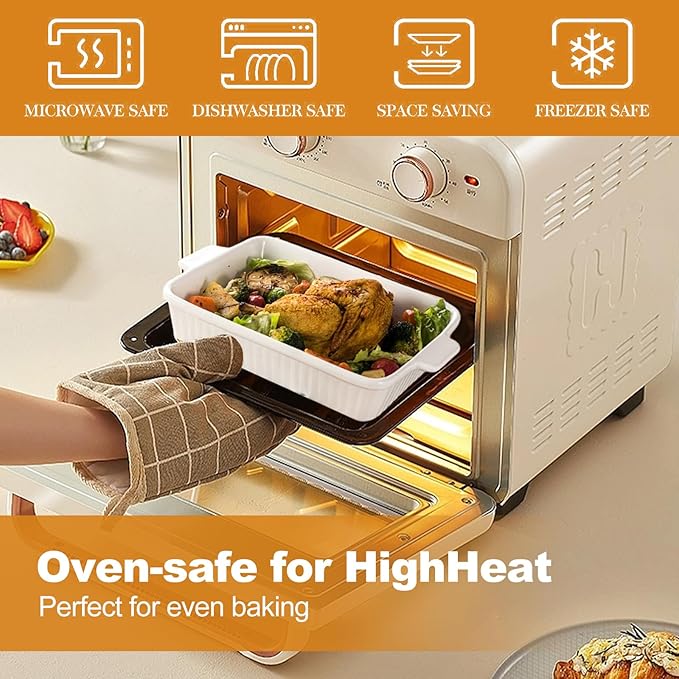 Casserole Dishes for Oven, Porcelain Baking Dishes, Ceramic Bakeware Sets of 3, Rectangular Lasagna Pans Deep with Handles for Baking Cake Kitchen ﻿ (white)