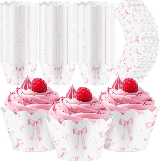 Domensi 100 Pcs Pink Bow Cupcake Wrappers Rustic Cupcake Liners Pink Baking Cups Baking Liners for Wedding Bridal Baby Shower Birthday Breast Cancer Awareness Party Supplies Dessert Decoration