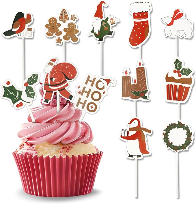 48 PCS Christmas Cupcake Toppers, Christmas Cake Decorations, Cupcake Picks, Cupcake Decorations for Xmas Party, Baby Shower, Holiday, Birthday Party