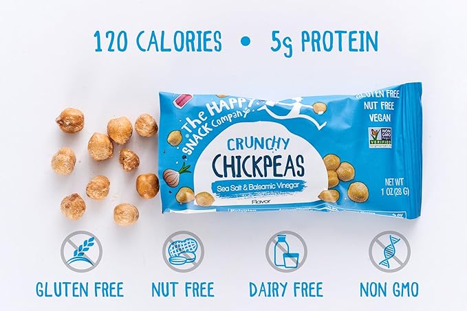 Happy Snack Company Crunchy Chickpeas Classics Variety Pack (Pack of 24 1oz) Classic Sea Salt x 8 Lime & Cracked Pepper x8 Sea Salt & Balsamic x8.