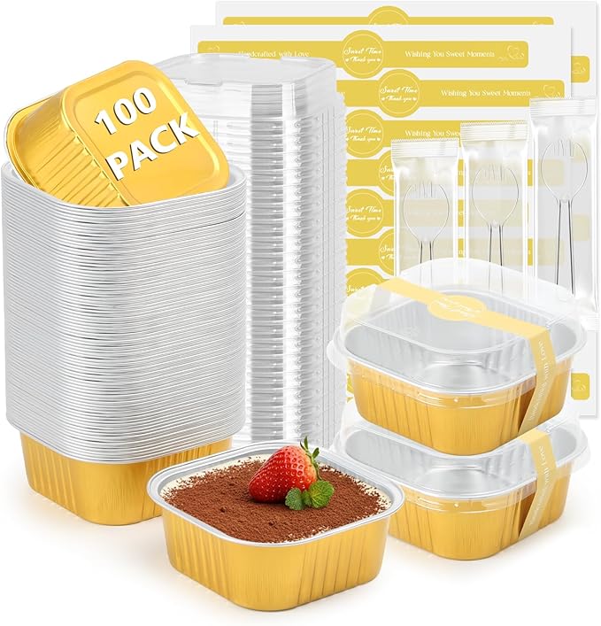 Ruckae 10oz 100 Pcs Square Mini Loaf Pans with Lids-Disposable Foil Dessert Containers,Mini Cake Pans with Lids,Aluminum Dessert Cups for Parties and Weddings (Gold, 10oz)