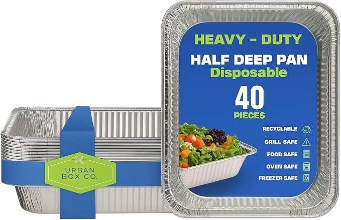 Urban Box Co. Half Size Deep Aluminum Pans 9x13 (40 pack): Extra Heavy Duty, Disposable Foil Pans for Bakeware, Roasting, Chafing, Steam Table Tray, Cake & Oven Pan (40, No Lid).
