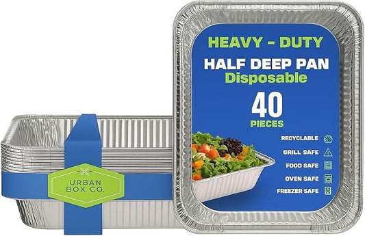 Urban Box Co. Half Size Deep Aluminum Pans 9x13 (40 pack): Extra Heavy Duty, Disposable Foil Pans for Bakeware, Roasting, Chafing, Steam Table Tray, Cake & Oven Pan (40, No Lid).