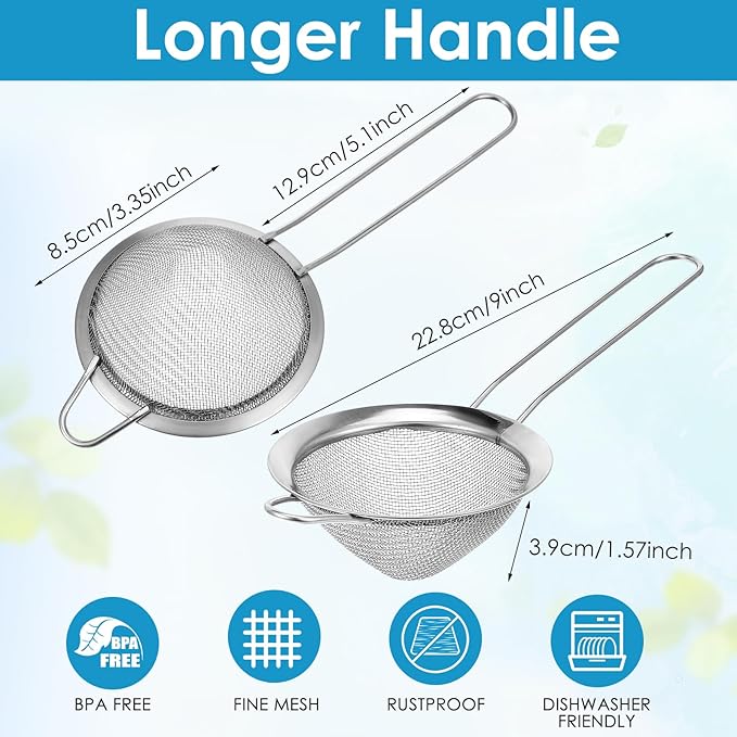 20 Packs Stainless Steel Small Strainer, Steel Cone Shaped Cocktail Strainer, Tea Herbs, Coffee Drinks, Long Handle for Coffee Food, 3.2 Inches Silver