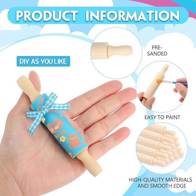 30 Pack Wooden Mini Rolling Pin Craft Kits, 5 Inches Long Small Wooden Rollers with Plaid Ribbon Paint Brush and Template Cards for Christmas Tray Decorations, Art Crafts, Cookie Dough, Clay, Kitchen