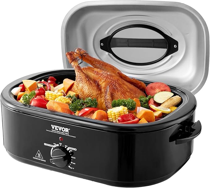 VEVOR Electric Roaster Oven with Defrost & Warm Function, 24 QT Turkey Roaster Oven with Self-Basting Lid, 1450W, Adjustable Temp, Removable Pan & Rack, Fits Turkeys Up to 28LBS, Black