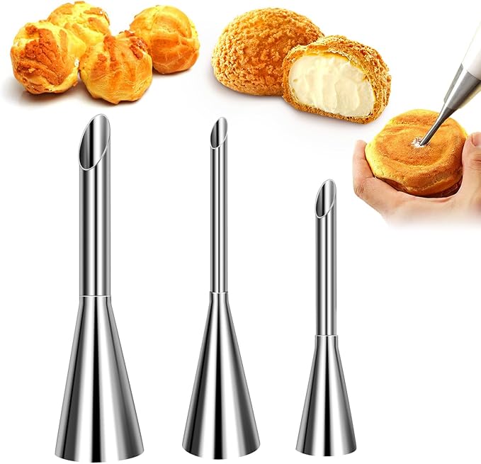 Suuker Cream Piping Tips, Stainless Steel Long Cream Puff Nozzle Decor Small Pastry Icing Piping Decorating Tools (3 Pieces)