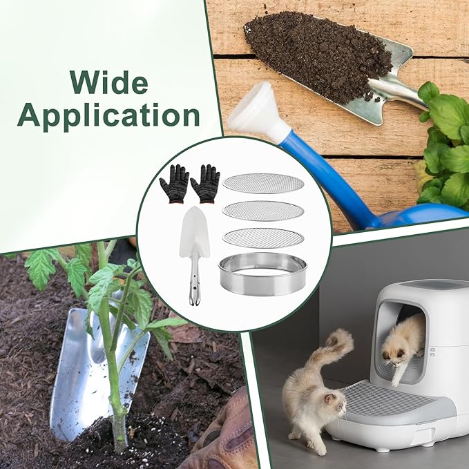 Soil Sifter for Gardening Stainless Steel Soil Sifting Pan Round Sifter for Rocks with 3,6,9mm Sieve Mesh Garden Shovel and Gloves Set Garden Sieve Soils Sifter for Small Gravel, Soil, Sand