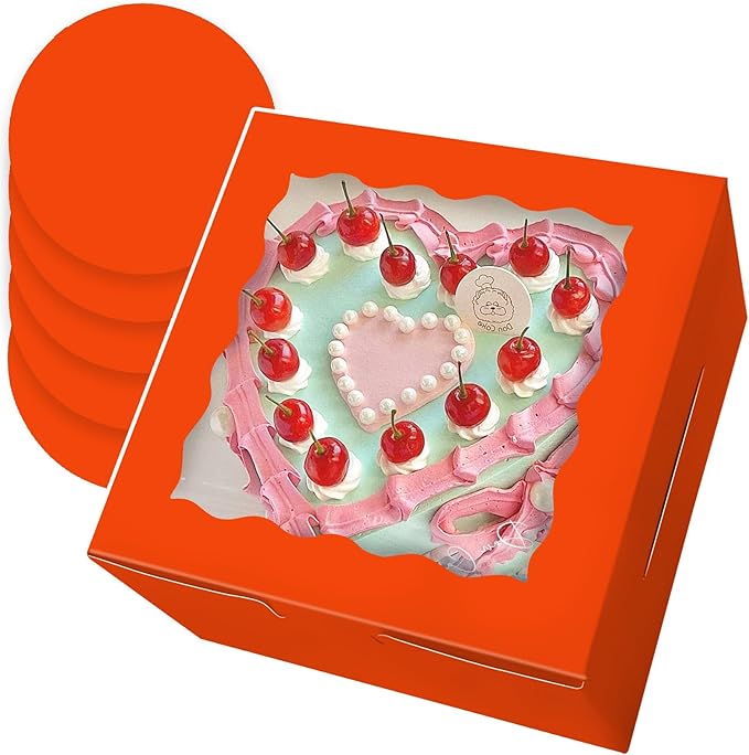 Bakepacker 36pcs 8x8x5 Inches Cake Boxes with Window 18-Packs Orange Cake Boxes 8 Inch Bakery Boxes (18 Cake Boxes +18 Cake Boards Included)