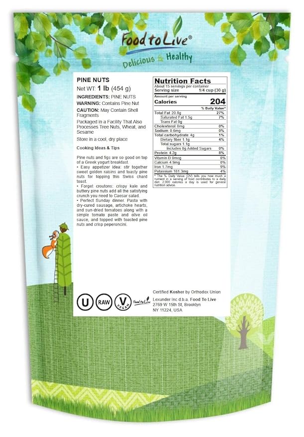 Food to Live - Pine Nuts, 1 Pound Whole Raw Pignolias, Unsalted, Vegan, Kosher, Bulk. Rich in Vitamin E, Protein. Healthy Snack. Great for Pesto, Salads, Homemade Desserts.