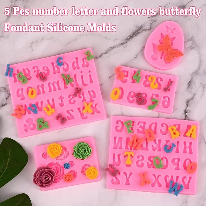 Actvty Letter Silicone Molds for Chocolate, 5 Pcs Uppercase Lowercase Alphabet Chocolate Molds and Number Flower Butterfly Fondant Molds for Making Strawberries, Candy, Cake Decorations