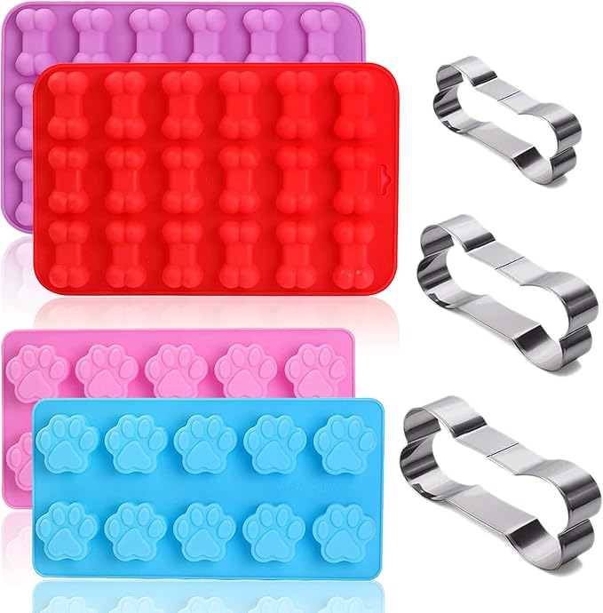 Set of 7-4 Packs Reusable Silicone Molds Puppy Dog Paw & Bone Shaped and 3 Packs Stainless Steel Bone Cookie Cutter for Homemade Dog Treats and Cat Animal Paw Candy Chocolate Baking Mold